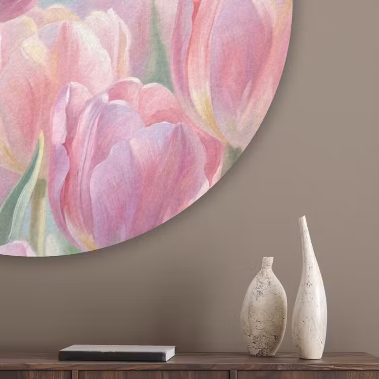 Tulpen - Veld - Lente - Roze Akoestische PET Vilt - Rond klein -sfeer5_closeup