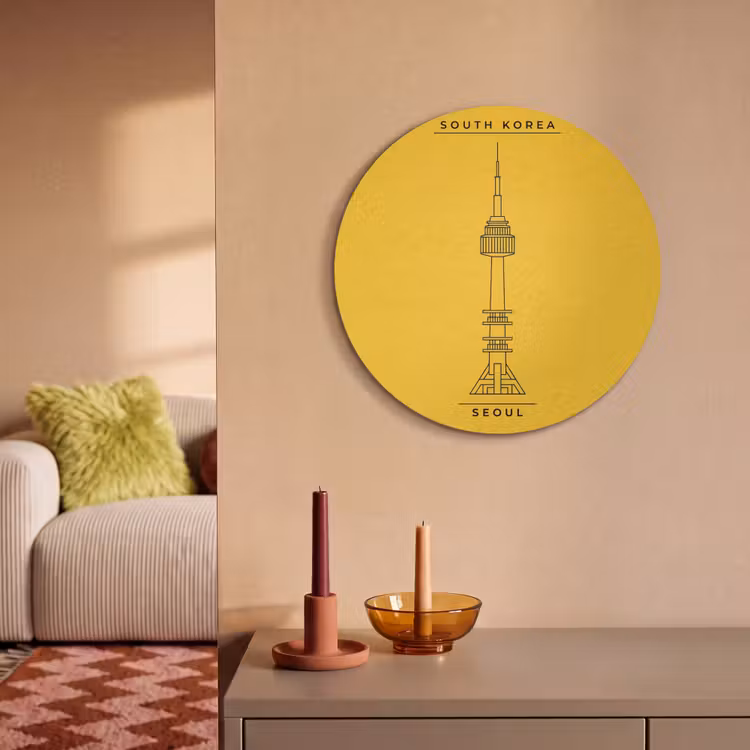 Toren - Seoul - Architectuur - Minimalistisch - Geel Akoestische PET Vilt - Rond klein -sfeer1