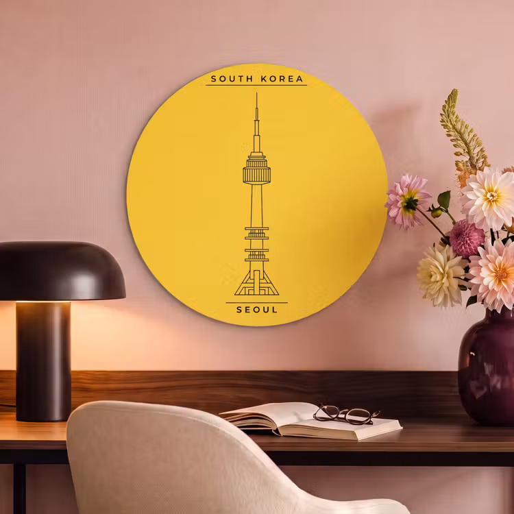 Toren - Seoul - Architectuur - Minimalistisch - Geel Akoestische PET Vilt - Rond klein -sfeer3