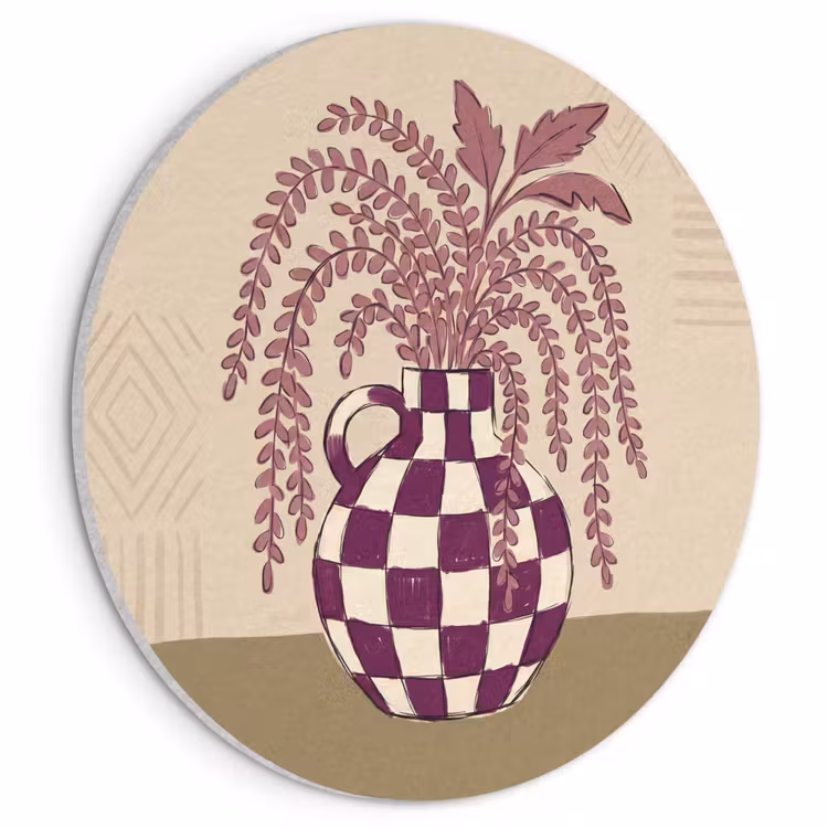 Vaas - Geruit - Planten - Modern - Paars Akoestische PET Vilt - Rond klein -3d