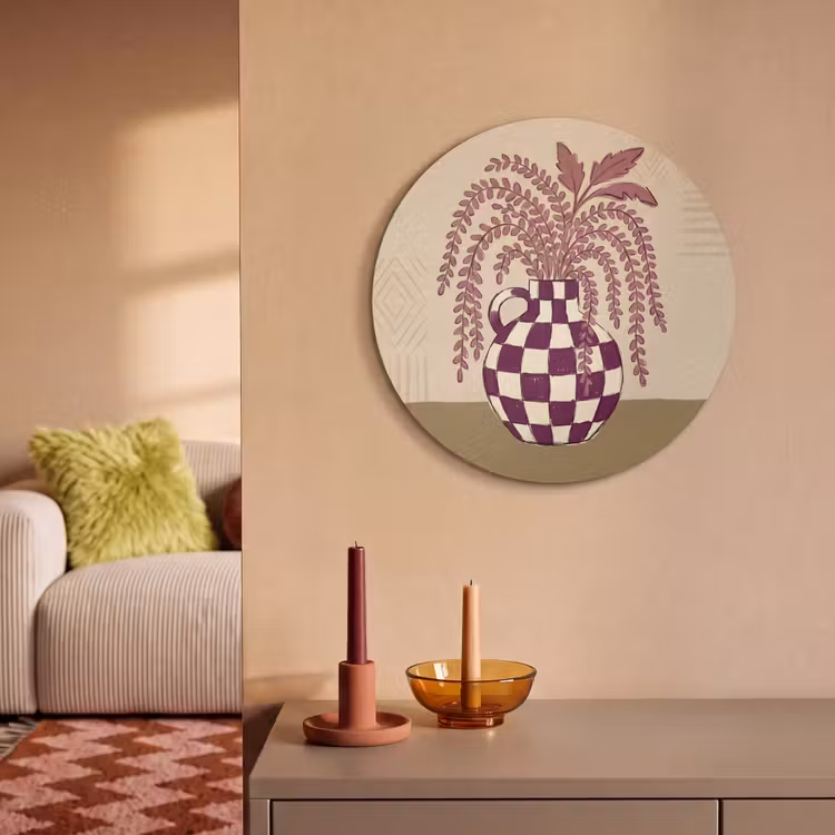 Vaas - Geruit - Planten - Modern - Paars Akoestische PET Vilt - Rond klein -sfeer1