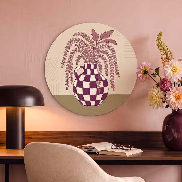 Vaas - Geruit - Planten - Modern - Paars Akoestische PET Vilt - Rond klein -sfeer3