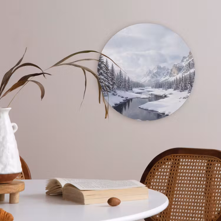 Sneeuwlandschap - Bergen - Rivier - Winter Akoestische PET Vilt - Rond klein -sfeer3