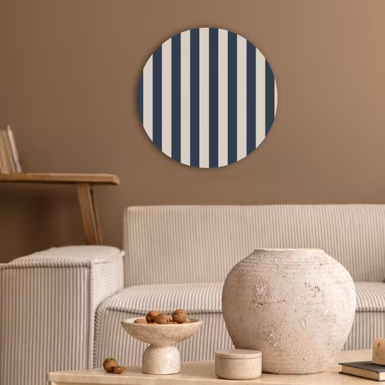 Verticale strepen - Blauw - Crème Akoestische PET Vilt - Rond klein 838 -sfeer1