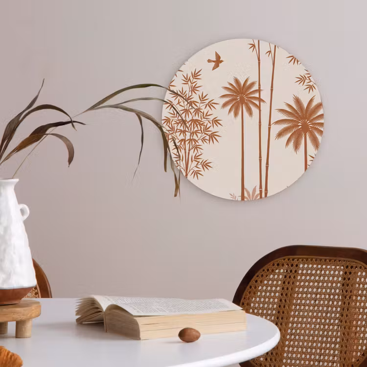Vogel - Boom - Tropisch - Minimalistisch - Bruin Akoestische PET Vilt - Rond klein -sfeer3