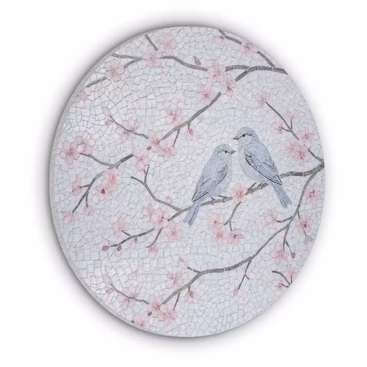 Vogel - Bloemen - Natuur - Mozaïek - Roze Akoestische PET Vilt - Rond klein -3d