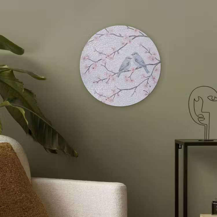 Vogel - Bloemen - Natuur - Mozaïek - Roze Akoestische PET Vilt - Rond klein -sfeer2