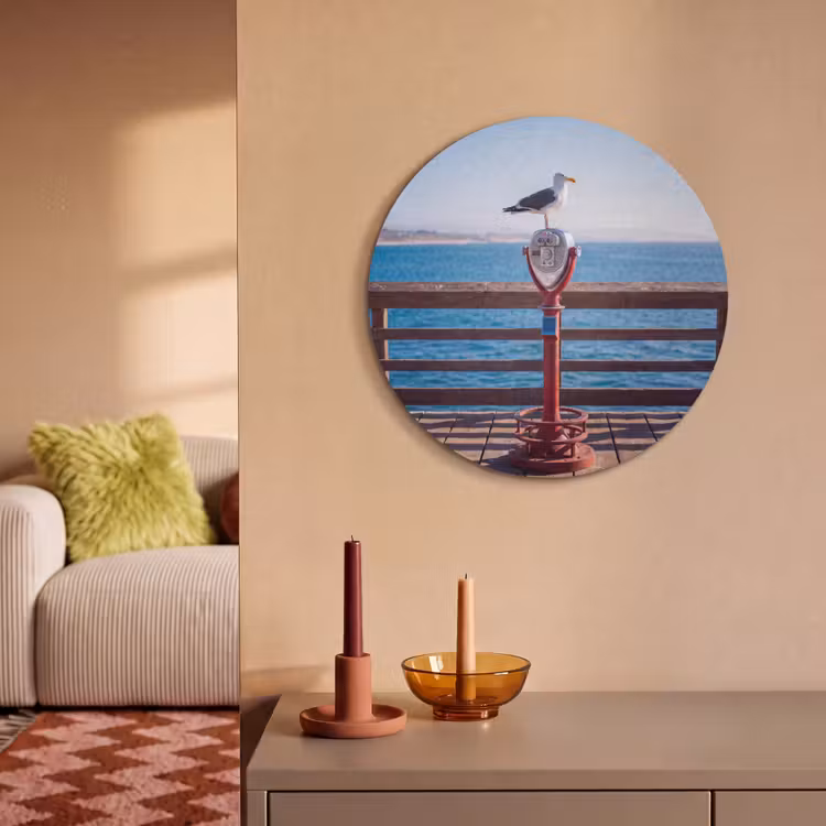 Vogel - Verrekijker - Kust - Zee - Blauw Akoestische PET Vilt - Rond klein -sfeer1