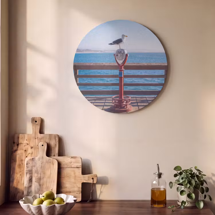 Vogel - Verrekijker - Kust - Zee - Blauw Akoestische PET Vilt - Rond klein -sfeer2