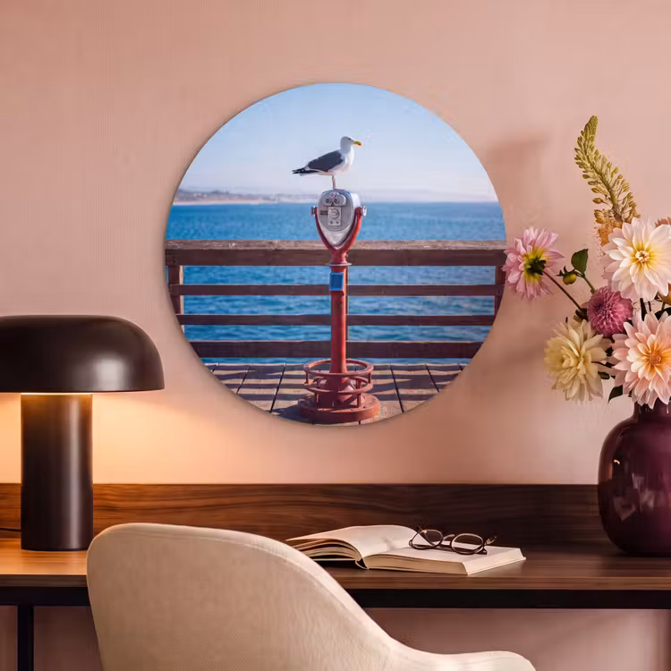 Vogel - Verrekijker - Kust - Zee - Blauw Akoestische PET Vilt - Rond klein -sfeer3