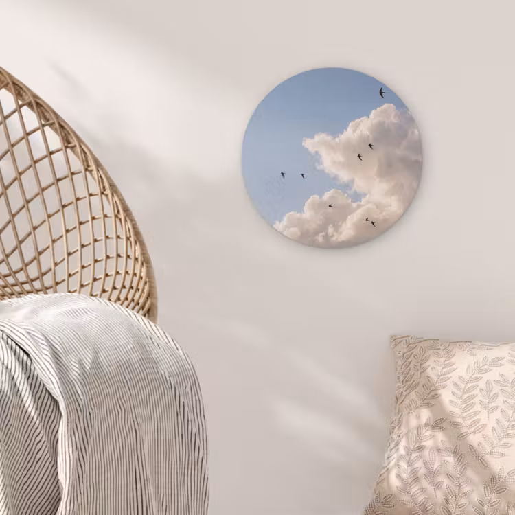 Vogel - Vlucht - Wolken - Natuur - Blauw Akoestische PET Vilt - Rond klein -sfeer4