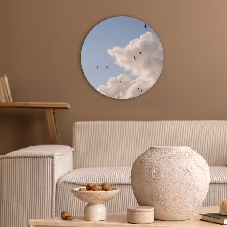 Vogel - Vlucht - Wolken - Natuur - Blauw Akoestische PET Vilt - Rond klein -sfeer1