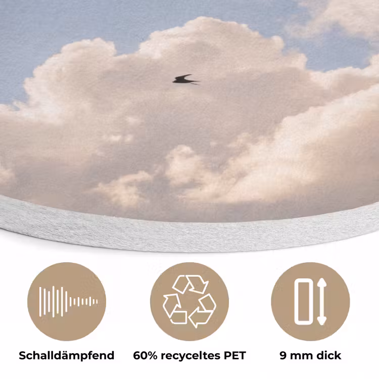 Vogel - Vlucht - Wolken - Natuur - Blauw Akoestische PET Vilt - Rond klein -closeup_DE
