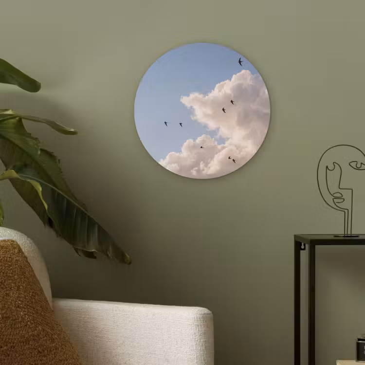 Vogel - Vlucht - Wolken - Natuur - Blauw Akoestische PET Vilt - Rond klein -sfeer2