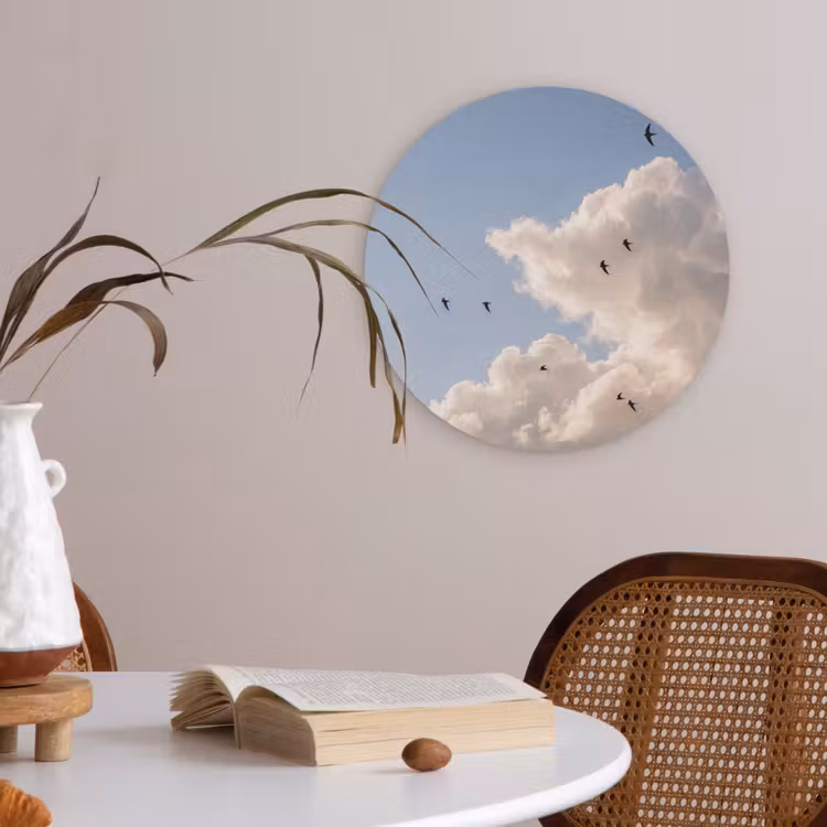 Vogel - Vlucht - Wolken - Natuur - Blauw Akoestische PET Vilt - Rond klein -sfeer3
