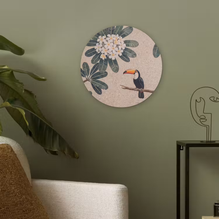 Vogel - Mozaïek - Tropisch - Natuur - Kleurrijk Akoestische PET Vilt - Rond klein -sfeer2