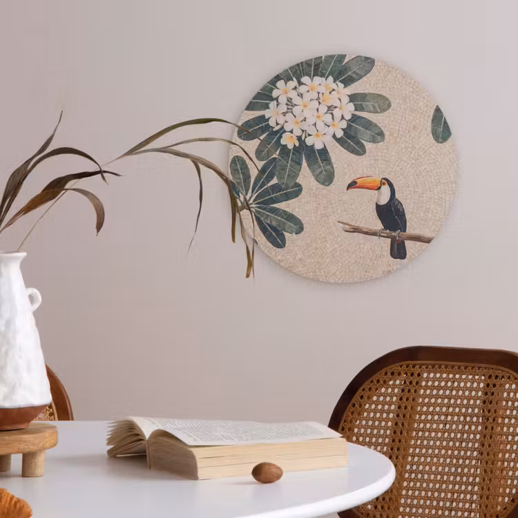 Vogel - Mozaïek - Tropisch - Natuur - Kleurrijk Akoestische PET Vilt - Rond klein -sfeer3