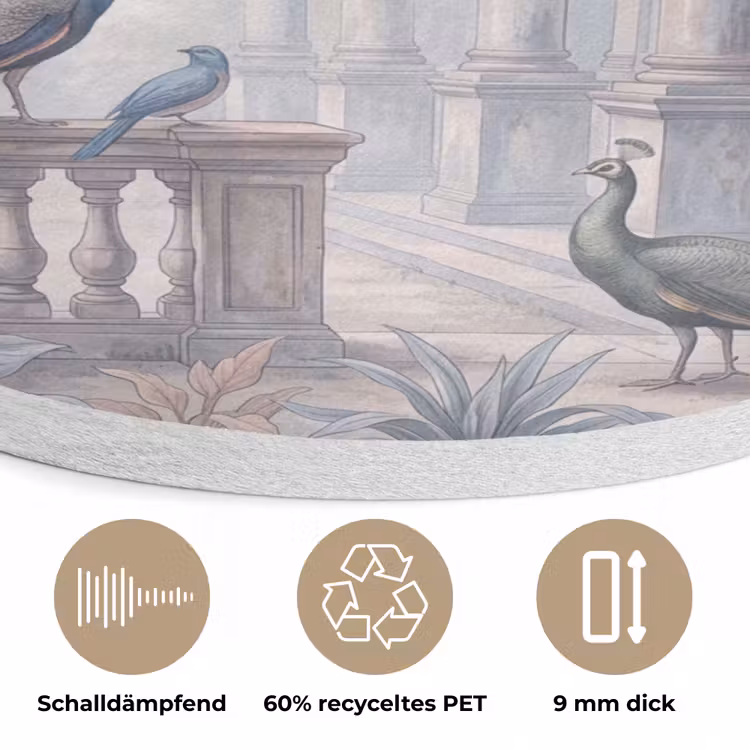 Vogel - Pauw - Architectuur - Klassiek - Groen Akoestische PET Vilt - Rond klein -closeup_DE