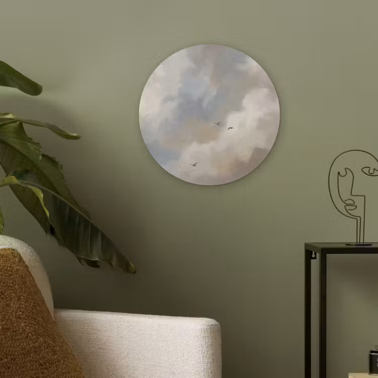 Vogel - Wolken - Natuur - Modern - Grijs Akoestische PET Vilt - Rond klein -sfeer2