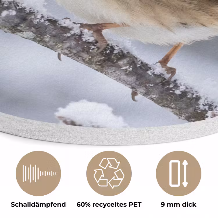 Vogel - Tak - Sneeuw - Winter Akoestische PET Vilt - Rond klein -closeup_DE