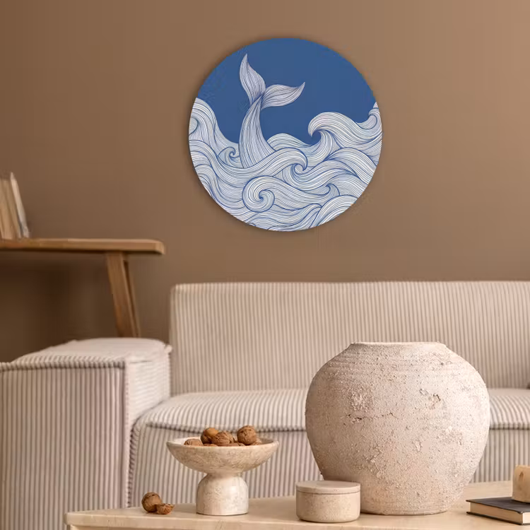 Walvis - Staart - Golven - Lijntekening - Blauw Akoestische PET Vilt - Rond klein -sfeer1