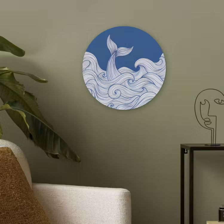 Walvis - Staart - Golven - Lijntekening - Blauw Akoestische PET Vilt - Rond klein -sfeer2