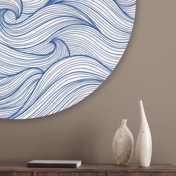 Walvis - Staart - Golven - Lijntekening - Blauw Akoestische PET Vilt - Rond klein -sfeer5_closeup