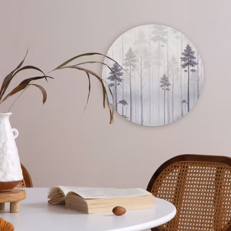 Bos - Bomen - Mist - Natuur - Illustratie - Grijs Akoestische PET Vilt - Rond klein -sfeer3