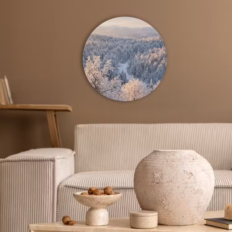 Bos - Bergen - Goud - Winter - Warm Akoestische PET Vilt - Rond klein -sfeer1