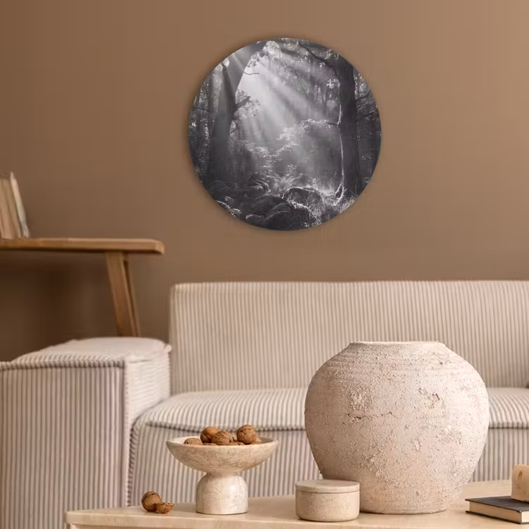 Bos - Lichtstralen - Natuur - Zwart-wit Akoestische PET Vilt - Rond klein -sfeer1