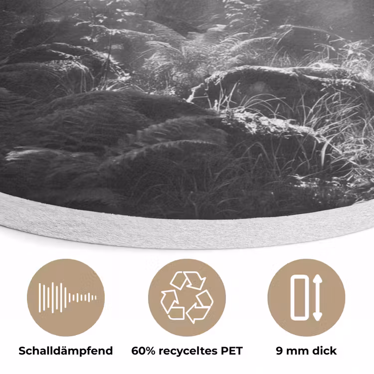 Bos - Lichtstralen - Natuur - Zwart-wit Akoestische PET Vilt - Rond klein -closeup_DE