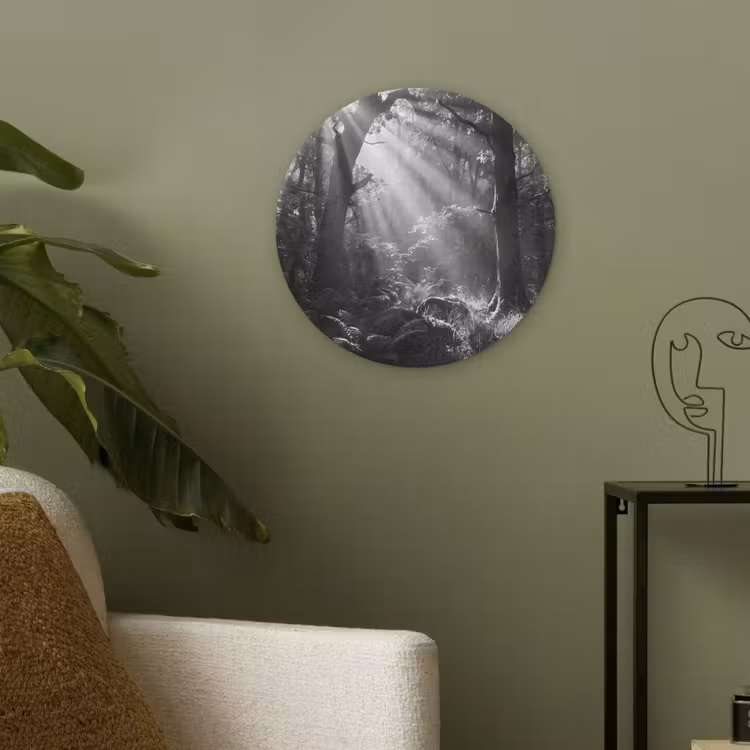 Bos - Lichtstralen - Natuur - Zwart-wit Akoestische PET Vilt - Rond klein -sfeer2
