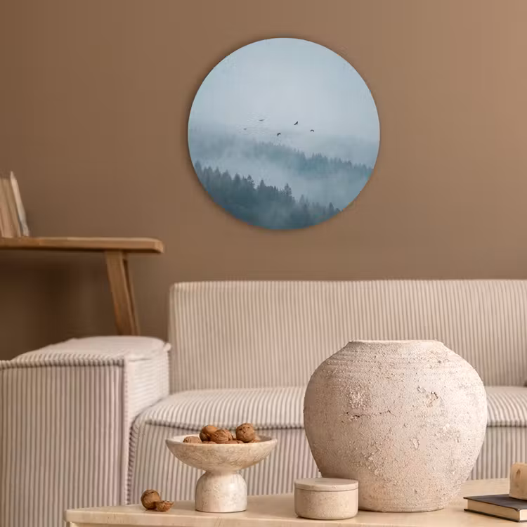 Bos - Mist - Vogels - Natuur - Groen Akoestische PET Vilt - Rond klein -sfeer1