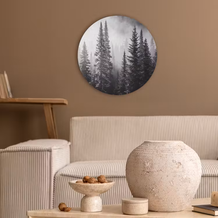 Bos - Mist - Winter - Monochroom - Natuur Akoestische PET Vilt - Rond klein -sfeer1