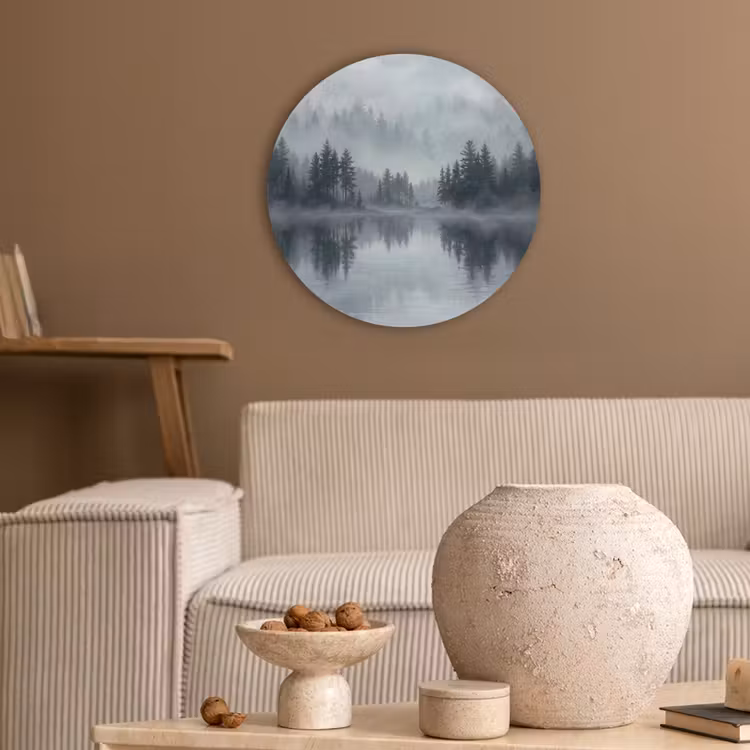 Bos - Meer - Mist - Natuur - Grijs Akoestische PET Vilt - Rond klein -sfeer1