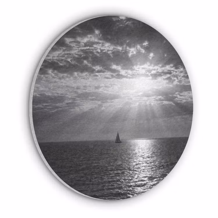 Water - Boot - Lucht - Natuur - Zwart-wit Akoestische PET Vilt - Rond klein -3d