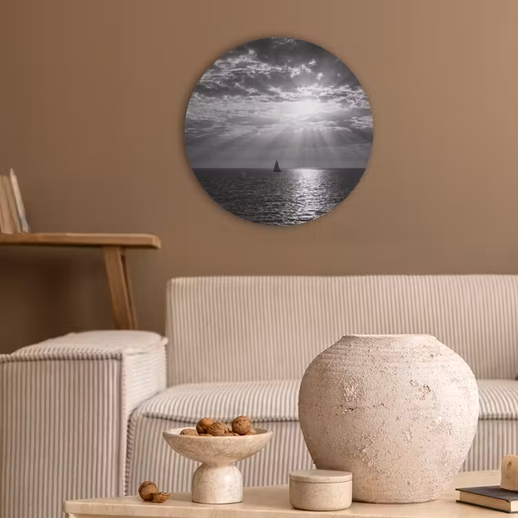 Water - Boot - Lucht - Natuur - Zwart-wit Akoestische PET Vilt - Rond klein -sfeer1