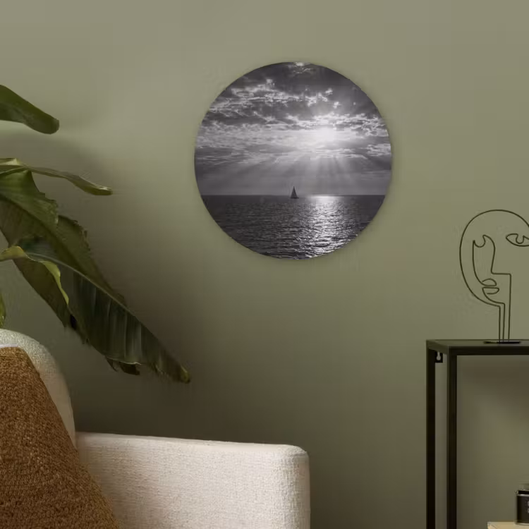 Water - Boot - Lucht - Natuur - Zwart-wit Akoestische PET Vilt - Rond klein -sfeer2