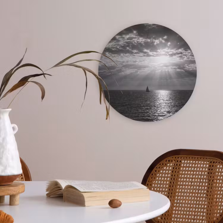 Water - Boot - Lucht - Natuur - Zwart-wit Akoestische PET Vilt - Rond klein -sfeer3