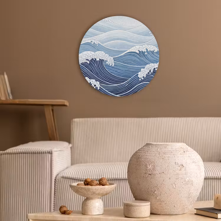 Water - Mozaïek - Landschap - Modern - Blauw Akoestische PET Vilt - Rond klein -sfeer1
