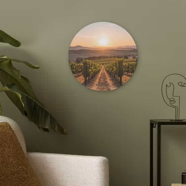 Wijngaard - Zonsondergang - Landschap Akoestische PET Vilt - Rond klein -sfeer2