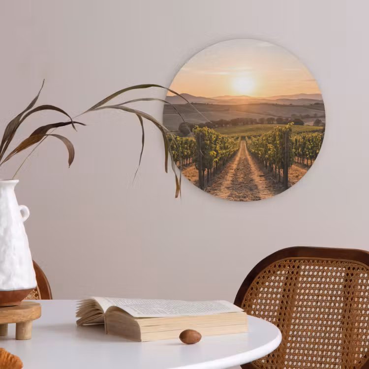 Wijngaard - Zonsondergang - Landschap Akoestische PET Vilt - Rond klein -sfeer3