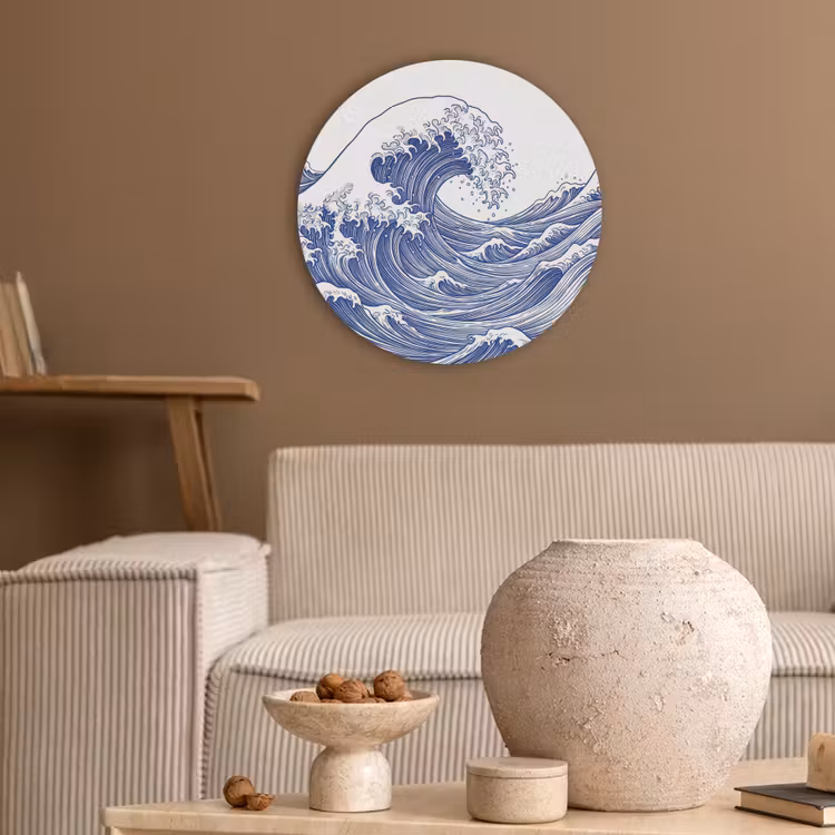 Golf - Japans - Zee - Illustratie - Blauw Akoestische PET Vilt - Rond klein -sfeer1