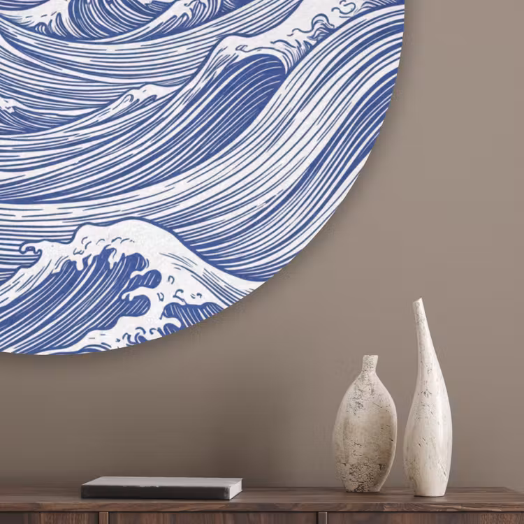 Golf - Japans - Zee - Illustratie - Blauw Akoestische PET Vilt - Rond klein -sfeer5_closeup