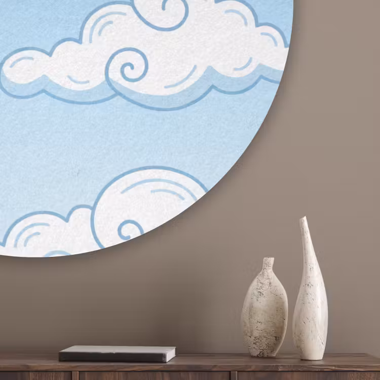 Wolk - Lucht - Cartoon - Blauw - Wit Akoestische PET Vilt - Rond klein -sfeer5_closeup
