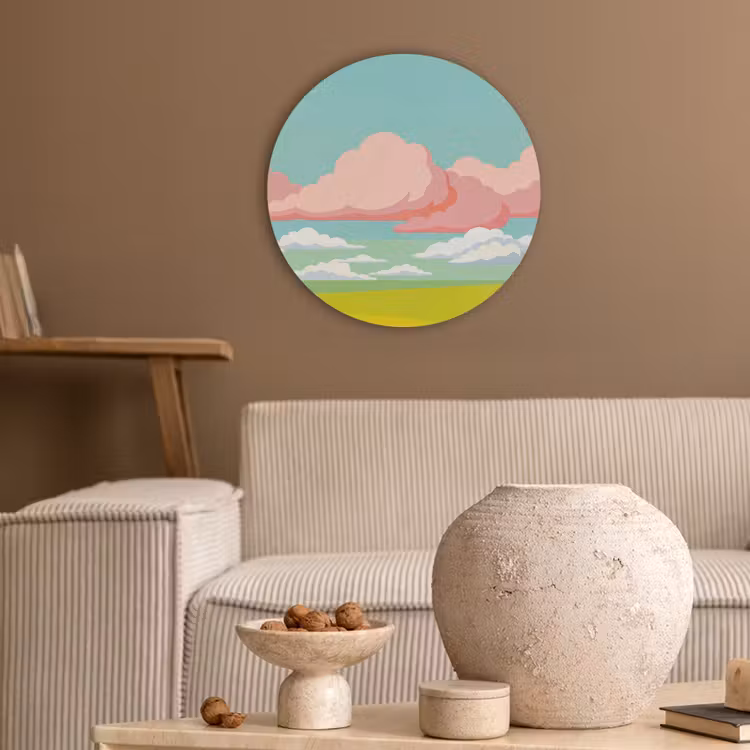 Wolken - Roze - Natuur - Modern - Pastel Akoestische PET Vilt - Rond klein -sfeer1