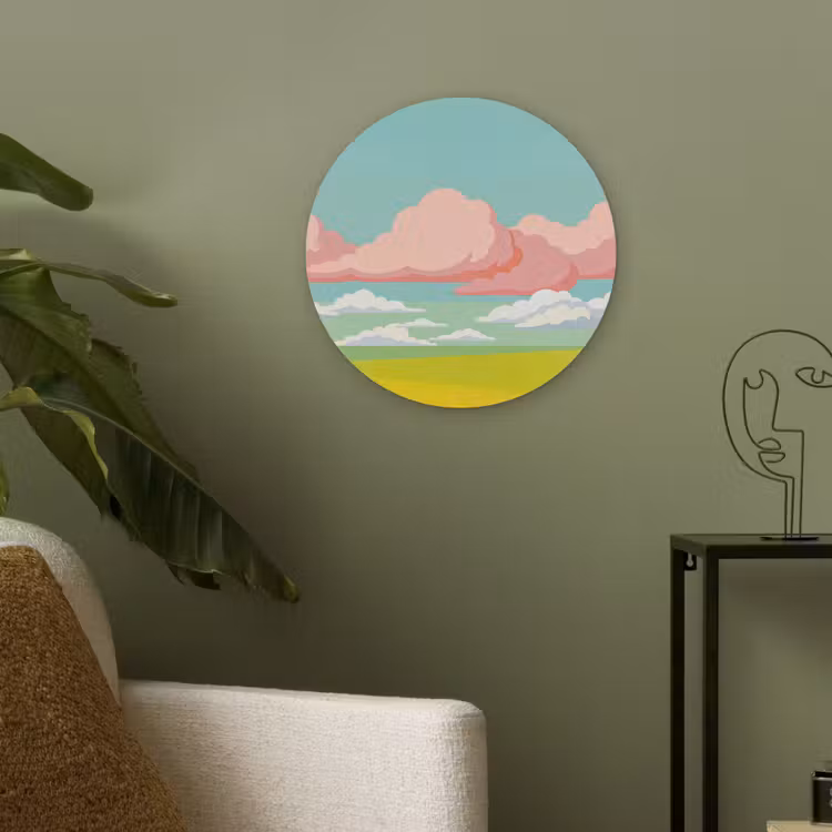 Wolken - Roze - Natuur - Modern - Pastel Akoestische PET Vilt - Rond klein -sfeer2