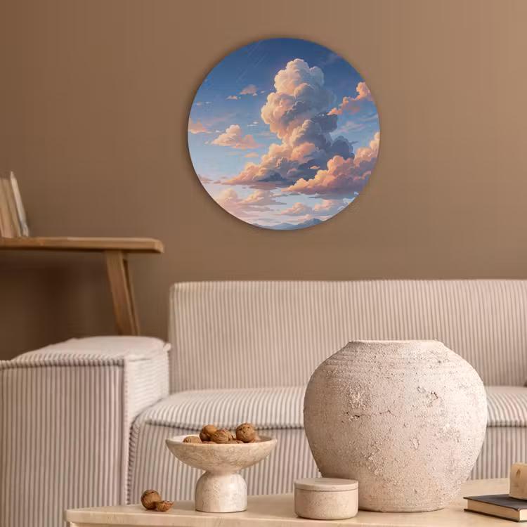 Wolken - Daghemel - Natuur - Illustratie - Oranje Akoestische PET Vilt - Rond klein -sfeer1