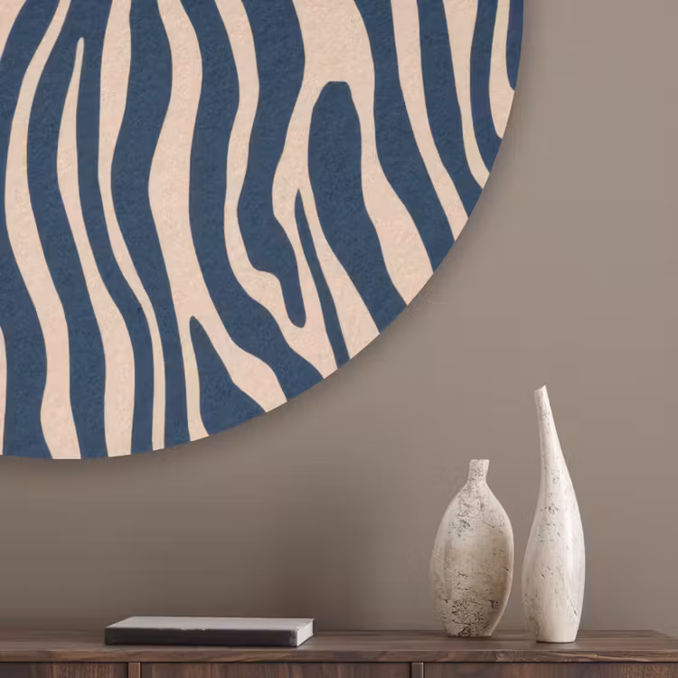 Zebra - Patroon - Blauw - Beige Akoestische PET Vilt - Rond klein 838 -sfeer5_closeup