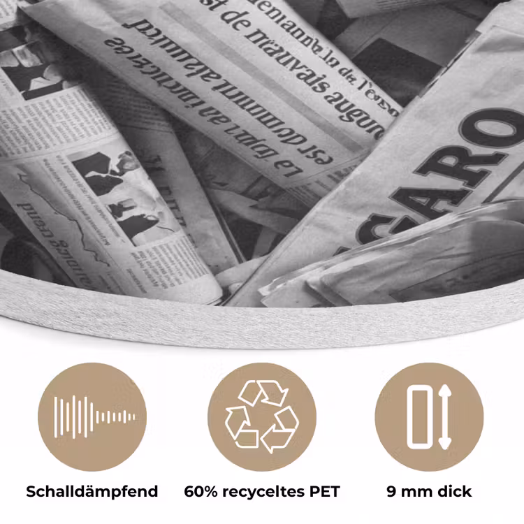 Krant - Stapel - Nieuws - Zwart-wit Akoestische PET Vilt - Rond klein -closeup_DE